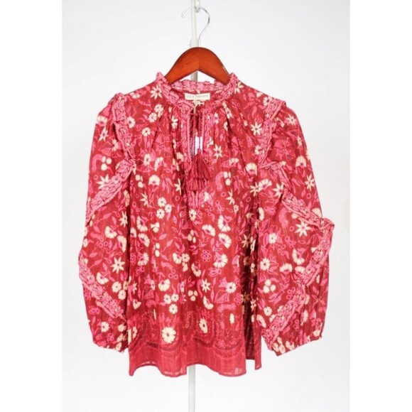 Ulla Johnson Tops - Ulla Johnson Azalea Blouse Ruffle Tassels Red Pink Floral Size 6